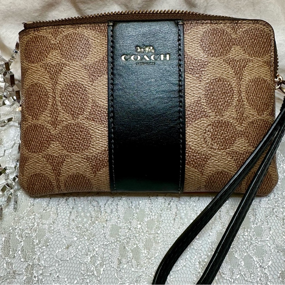Coach Tan and Dark Brown Signature Wristlet